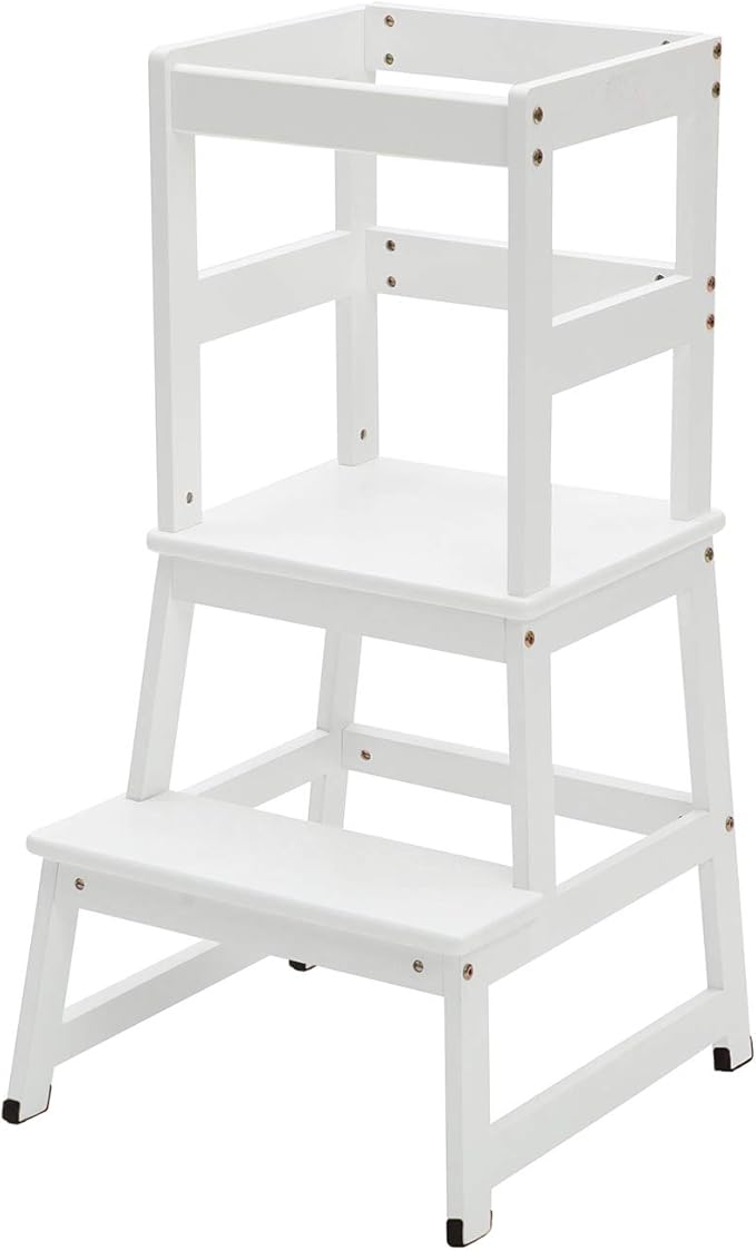Kitchen Step Stool for Toddlers and Kids with Safety Rails for Kitchen Counter Solid Wood (White)