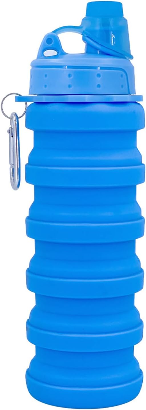 Collapsible Water Bottles Travel Sports Portable Sport Water Bottle comes with mountaineering Buckle 500ml silicone Water-proof camping water bottle (Blue Color)