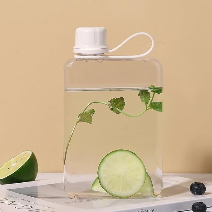 Tritan Transparent Flat Water Bottle samll Water Bottle Slim Square Pocket Bottle Water Flask, BPA Free/Slim Design/Leak Proof Water Bottle for Travel, Outdoor, Sports, Camping (White, 500ML)