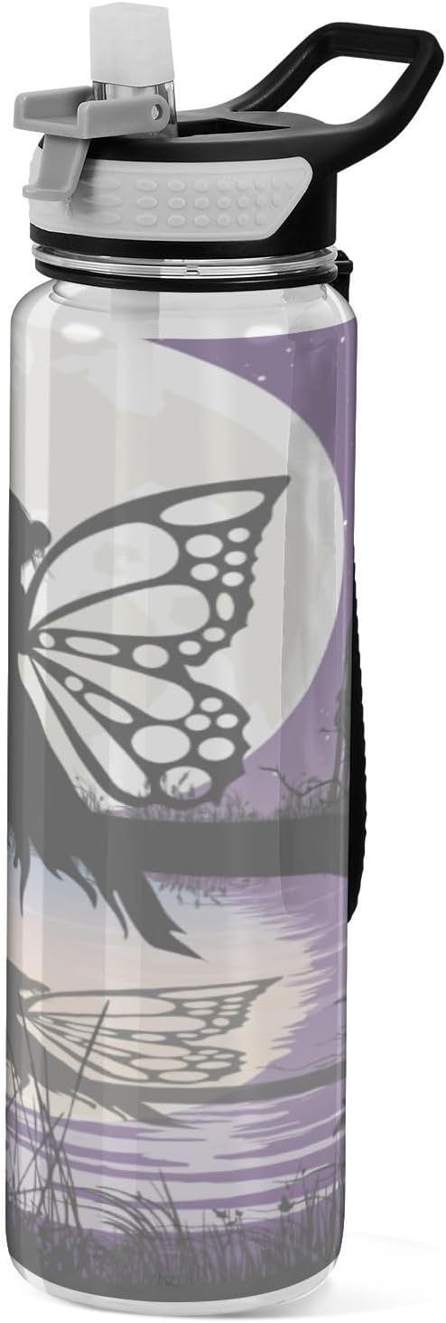 Kigai Beautiful Fairy Clear Water Bottle with Straw Lid, BPA-Free Leakproof Sport Water Bottle 32oz Large Gym Water Jug for Men Women Travel Fitness Outdoor