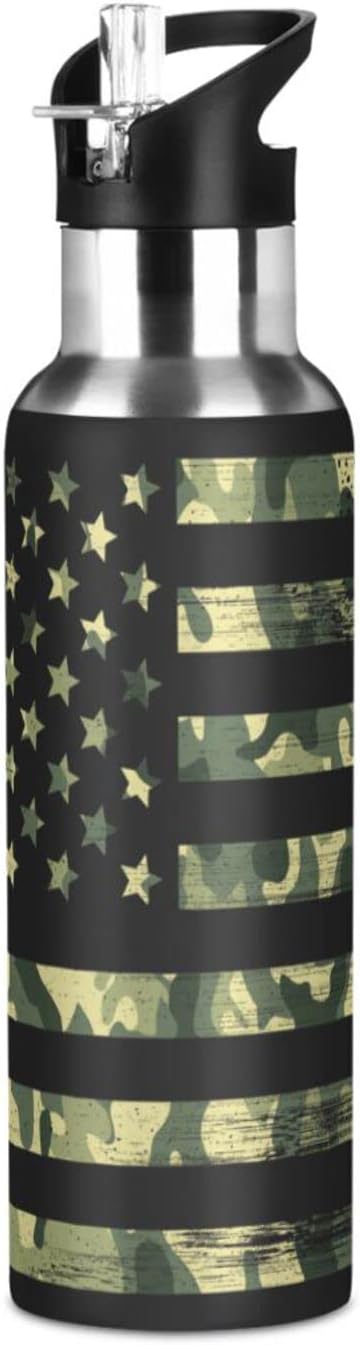 senya 20 Oz Water Bottle with Straw Usa Flag Camouflage Vintage Stainless Steel Water Bottle for Traveling Sports Leakproof Insulated Water Bottle
