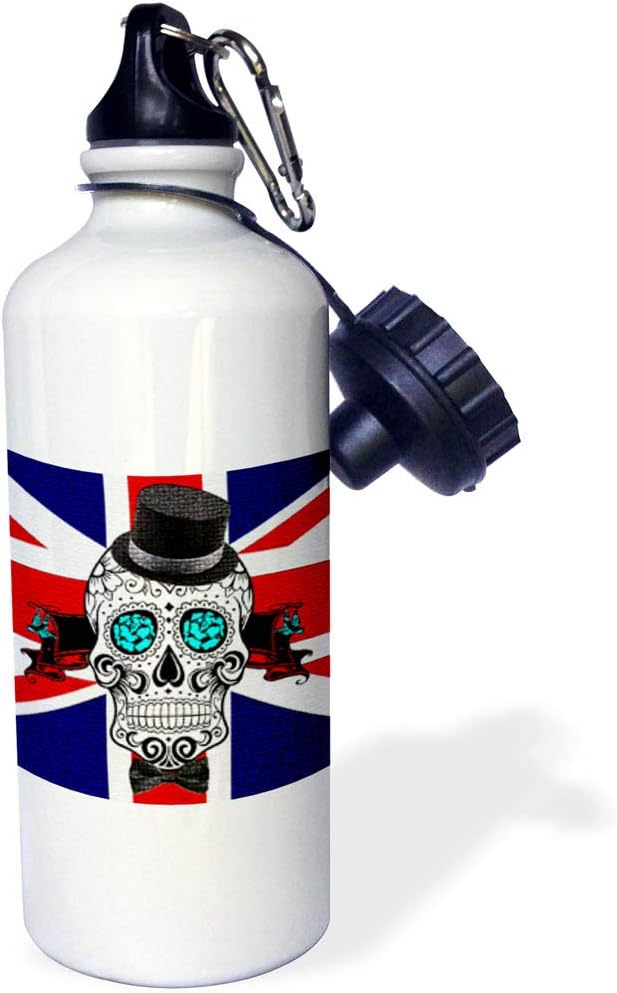 3dRose Sugar Skull, Flag of England, Day of The Dead, Hat and Bow Sports Water Bottle, 21Oz, Multicolored