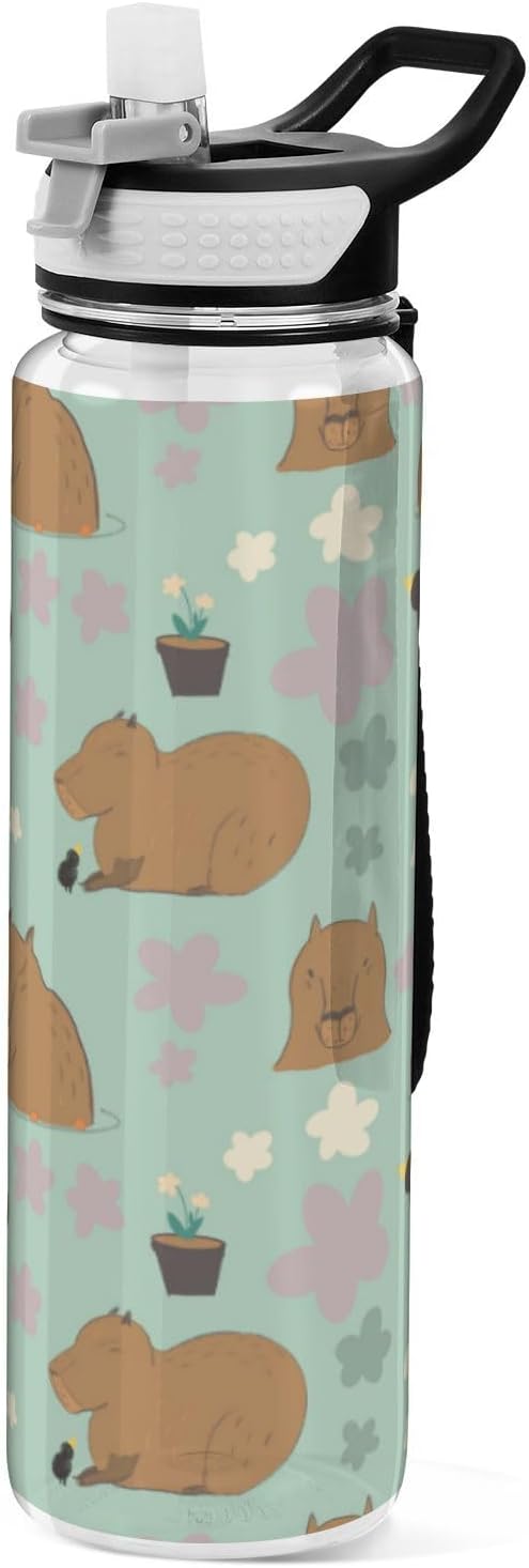 Capybara Kawaii Water Bottle with Straw Flowers Sports Bottles BPA-Free Tritan Water Jug with Carrying Strap for Gym Office Outdoor Sports