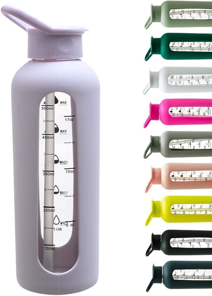 Mayim 24 Oz Glass Tumbler with Straw and Handle, Reusable Motivational Glass Water Bottle with Silicone Sleeve and Time Marker, Leak Proof Borosilicate Water Bottle -Lilac