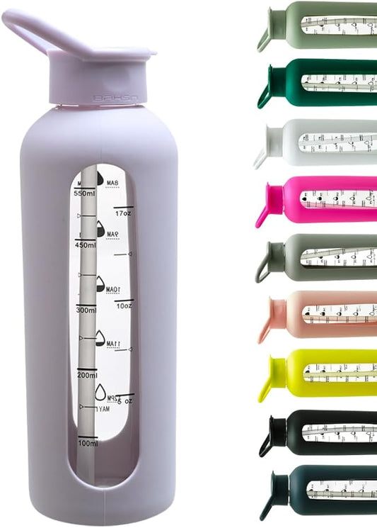 Mayim 24 Oz Glass Tumbler with Straw and Handle, Reusable Motivational Glass Water Bottle with Silicone Sleeve and Time Marker, Leak Proof Borosilicate Water Bottle -Lilac