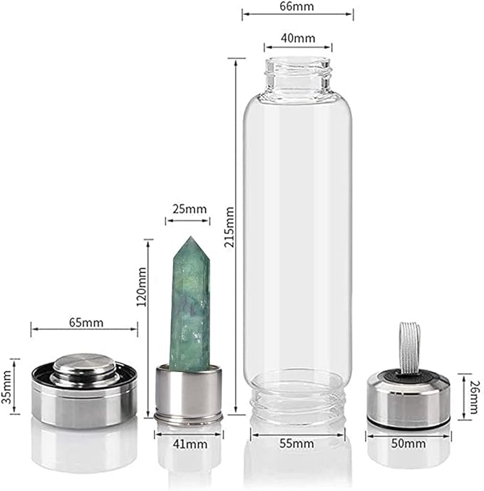 Crystal Glass Water Bottle, Glass Water Bottle with Changeable Natural Crystal Center, Quartz Gemstone Water Bottle for Natural