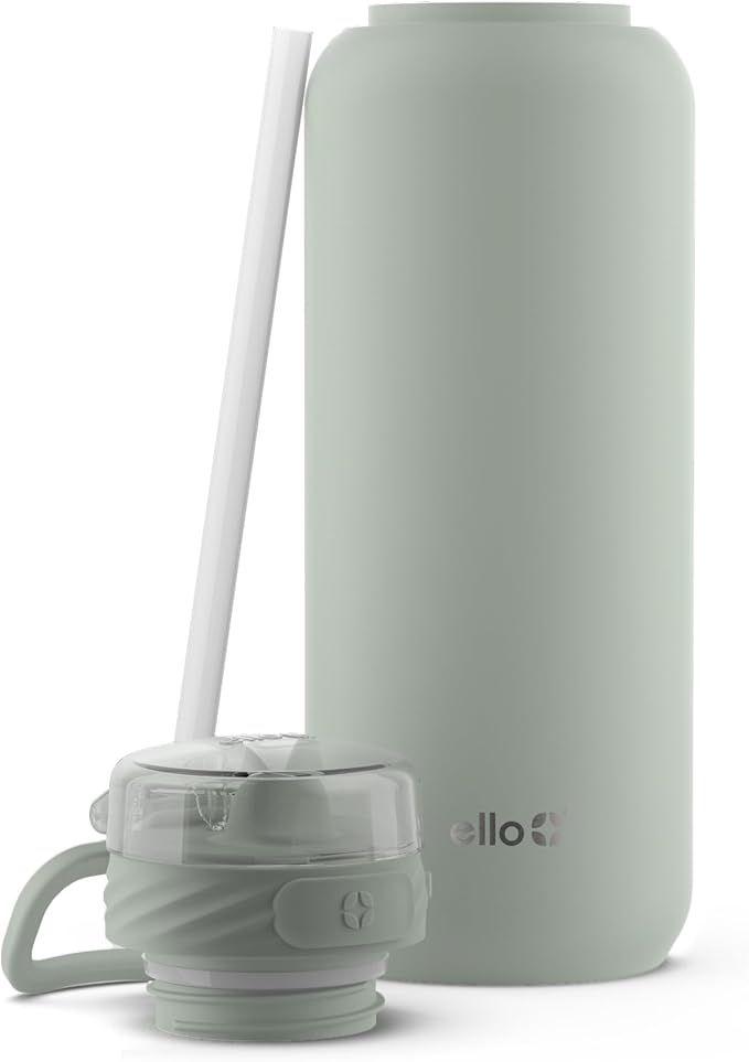 Ello Cooper 40oz Stainless Steel Water Bottle with Straw and Carry Handle, Double Walled and Vacuum Insulated Metal, Leak Proof Locking Lid with Soft Silicone Spout, Reusable, BPA Free, Sage