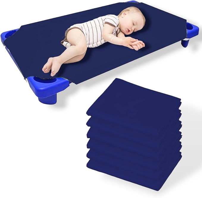 Pack of 6 Cot Sheet for Daycare Preschool Cot Bed -Polyblend Fabric with Corner Elastic Cots Sheets Fits On 22" X 52" Inches Size Toddler and Preschool Daycare Cot Navy Blue 22 X 52 Size