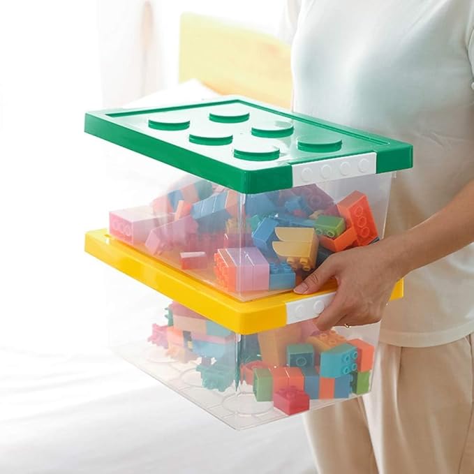 loobuu Plastic Storage Bins with Lids - Stackable Toy Storage Organizer Box Set of 2, Kids Toy Chests with Compatible Building Baseplate and Lid, Storage Container for Building Bricks - Yellow+Green