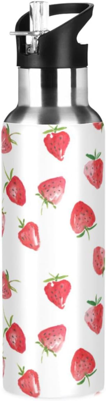 ALAZA Watercolor Strawberries Fruits Water Bottle With Straw Lids Boys Girls,Vacuum Insulated Leakproof Stainless-Steel Sports Bottle Thermal Flask For Gym Yoga Camping,20Oz (600Ml)