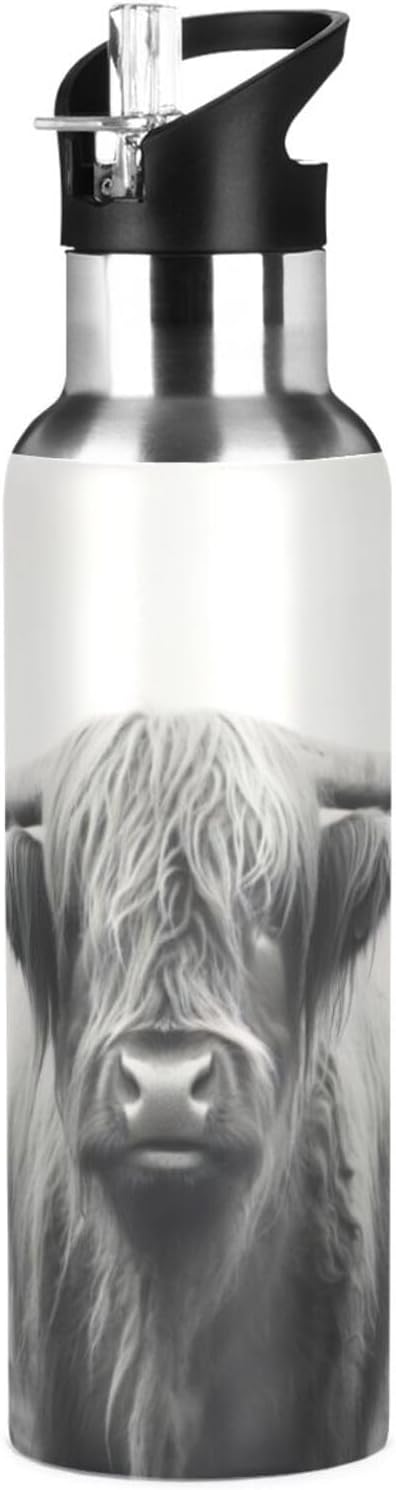 Funny Scottish Highland Cow Water Bottle - Reusable Water Bottle for Gym Bike Running Cycling 600 Milliliter 22 Ounce Stainless Steel Sports Water Bottle