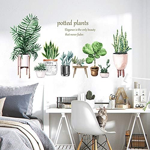 Green Plants Potted Wall Decals Tropical Plants Green Leaves Wall Stickers, DIY Vinyl Nature Wallpaper, for Living Room Background Wall Decoration Kids Bedroom Kitchen Office Girl Room