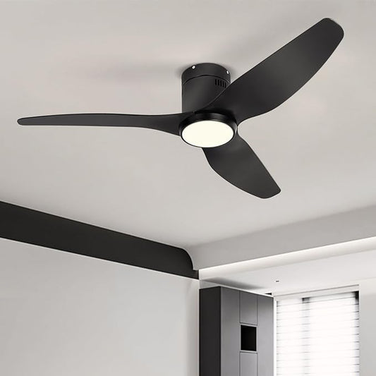 Black Ceiling Fan with Light Remote 52in 6Speed Silent Reversible Motor 3CCT Dimmable LED Flush Mount Low Profile Fan Timer Memory Function Modern Plastic Blade Vacation Mode Indoor Outdoor