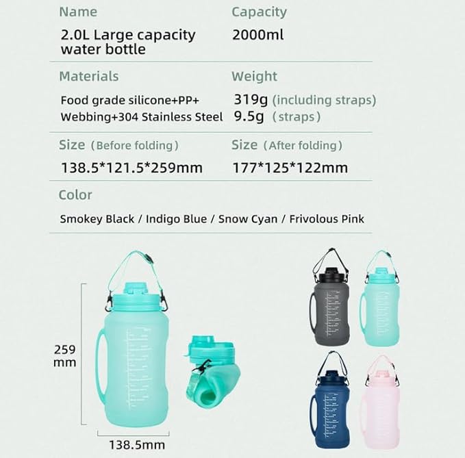 Collapsible Water Bottles 64oz with Removable Straw, Odorless BPA-Free Silicone, Leak-Proof Foldable Reusable Bottle - Perfect for Cruise Travel Sports Gym Hiking Camping Cycling - Cyan
