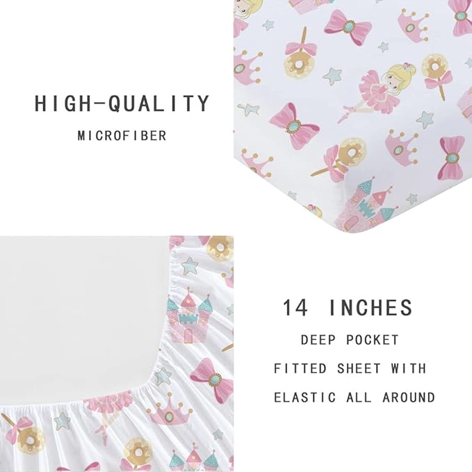 Dancing Princess Fitted Sheet Set Full for Kids Girls Teens Castle Crown Pattern Bed Sheet 2 Piece 3D Print Pink Dreaming Style Sheet Set