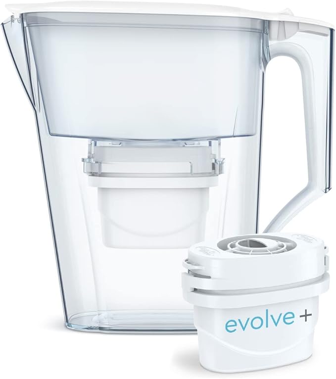 Aqua Optima 5-Cup Water Filter Pitcher Bundle Pack for Tap and Drinking Water with 6 Evolve+ Filter, Reduces Microplastics, Improves Taste, BPA Free, WQA Certified, Liscia Design (White)