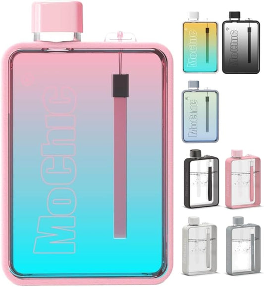 MOCHIC CUP Mochic 13oz Portable Water Flask Flat Water Bottle for Purse Mug BPA Free A5 Slim Square Water Bottle Flask Leak Proof Plastic Flask Bottle for Travel (Gradient Pink)