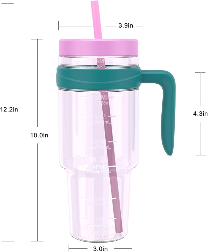 Tronco 50 oz Tritan Plastic Tumbler with Lid and Straw, BPA-Free Reusable Clear Water Bottle with Time Marker, 100% Leak Proof & Wide Mouth for Iced Coffee, Juice, Bubble Tea, Smoothies