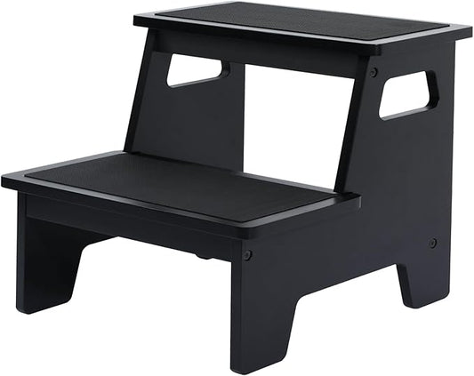 Kids Step Stools for Toddlers Bathroom Wood Toddler Step Stool Kitchen Counter Sink Baby Stepstools Bamboo Wooden Foot Bed Stool for Child Potty Training Toilet Stool Stepping Stool, Black with Pads