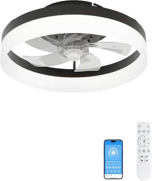 Flush Mount Modern Ceiling Fan with Lights Remote, 6 Speed Low Profile Ceiling Fan, 20-Inch, Black(5-Blades) for Living Room,Bedroom,Kids Room,Small Room