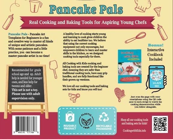 Pancake Pals for Kids - Set of 6 Pancake Art Templates Children + Bonus Interactive Cookbook w/QR Codes to Access Free Virtual Follow-Along Cooking Classes - boys girls teens tweens, baking