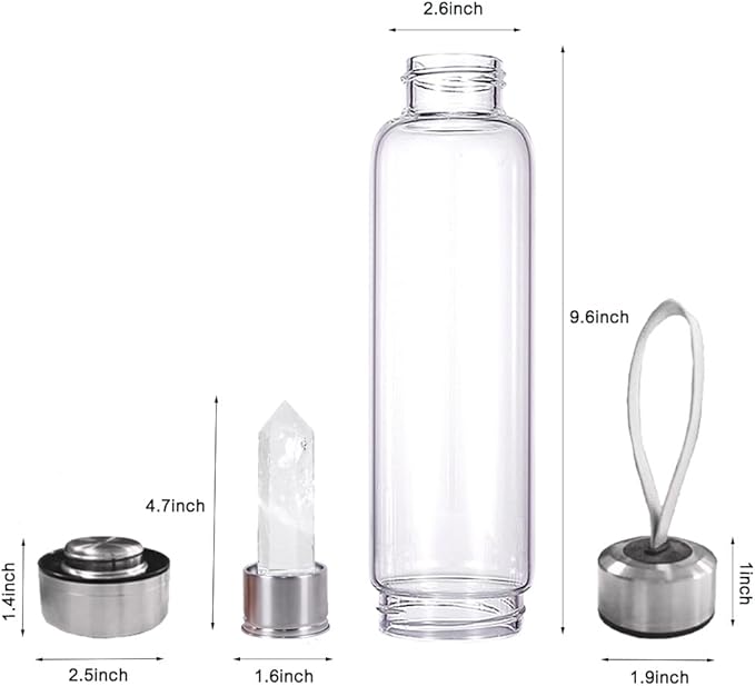 Crystal Glass Water Bottle,Water Bottle With Gemstone Center Crystal Elixir Bottle,Removable Gemstones Creative Water Cup Crystal Column Magic Wand Energy Cup for Gifts (I-White Crystal)