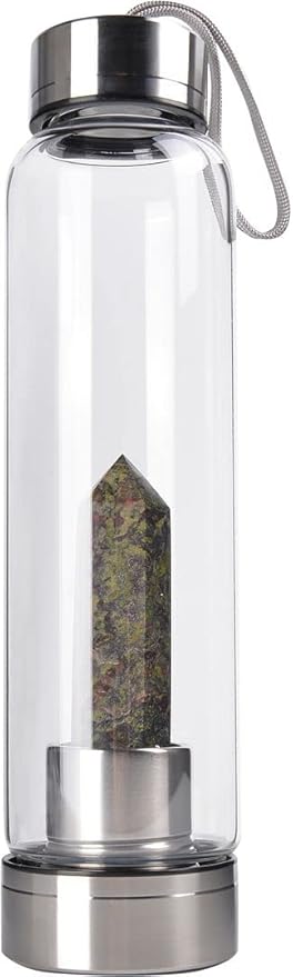 Crystal Glass Water Bottle, Glass Water Bottle with Changeable Natural Crystal Center, Quartz Gemstone Water Bottle for Natural