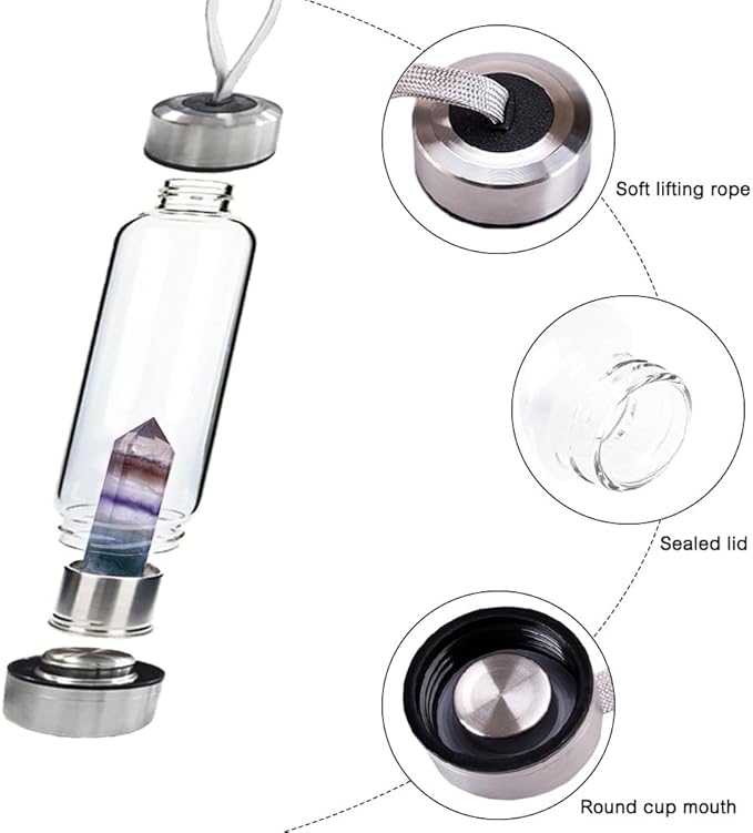 Crystal Glass Water Bottle,Water Bottle With Gemstone Center Crystal Elixir Bottle,Removable Gemstones Water Cup Crystal Column Magic Wand Energy Cup for Gifts (T-Bright Colorful Fluorite)
