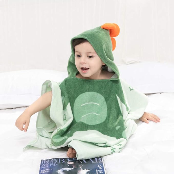 TONWHAR Kids Bath/Pool/Beach Hooded Poncho Towel-Cartoon Animal Pattern Cotton Beach Towel for Baby and Kids (Army Green Dinosaur, 1-4 Years/Height:33.4"-43.3")
