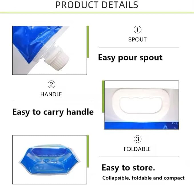 Bulk LOT - 5L / 1.3 Gallon Foldable Alkaline PH Water Bags - Collapsible Emergency Water Jug Container Bag, Freezable, BPA Free Plastic Water Carrier Tank, Outdoor Folding Water Bag Food Grade (10)