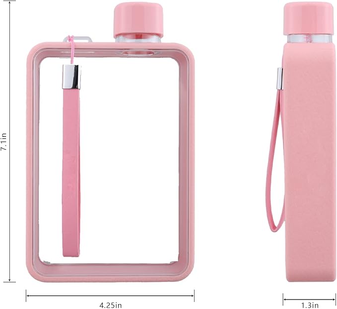 Flat Water Bottle, Portable A5 Water Bottle, 13oz Flat Travel Flask for Camping Fitness Gym (Pink)