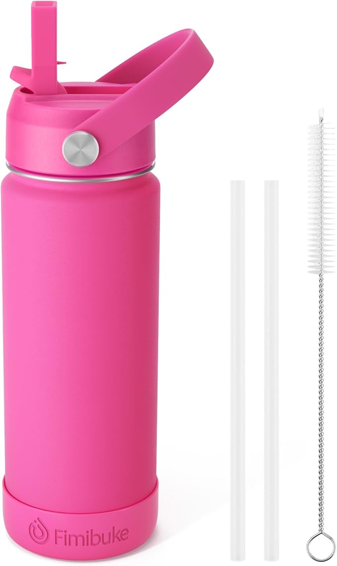 Fimibuke Kids Insulated Water Bottle - 18oz BPA-FREE 18/8 Stainless Steel Kids Cup with Straw Travel Tumbler Double Wall Vacuum Leak Proof Toddler Water Bottle for School Boys Girls(1 Pack, Magenta)