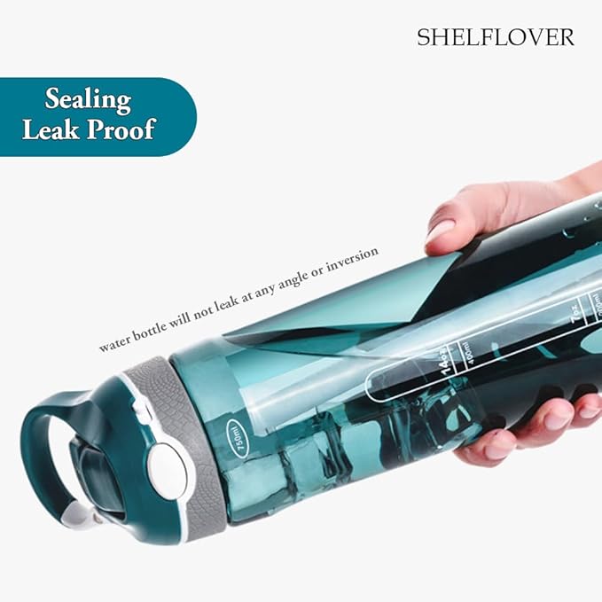 SHELFLOVER Dark Cyan Water Bottle With Narrow Straw, BPA FREE Clear Bottles With Handle One Hand Use Easy Carried, Flip Up, Suit School, Office, Gym, Office, 24oz (750ml)