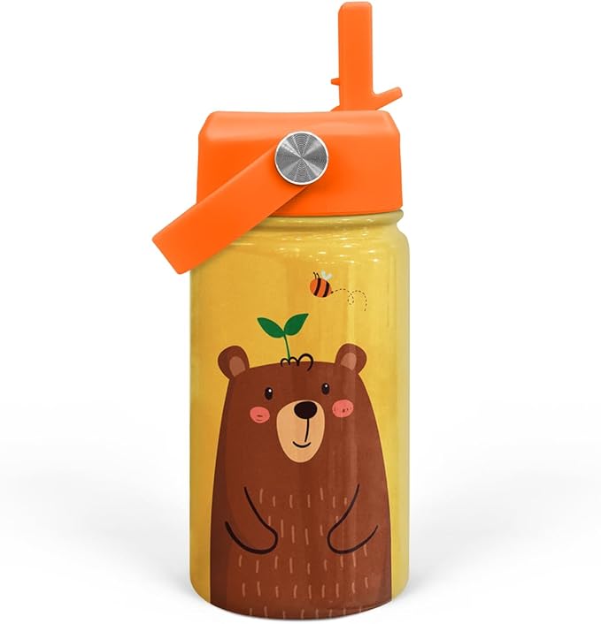 Bear Water Bottle - Kids Water Bottle with Straw Lid - 12 Oz Insulated Stainless Steel Water Bottles for Toddlers Kid Boys - Travel Cup for School Sports