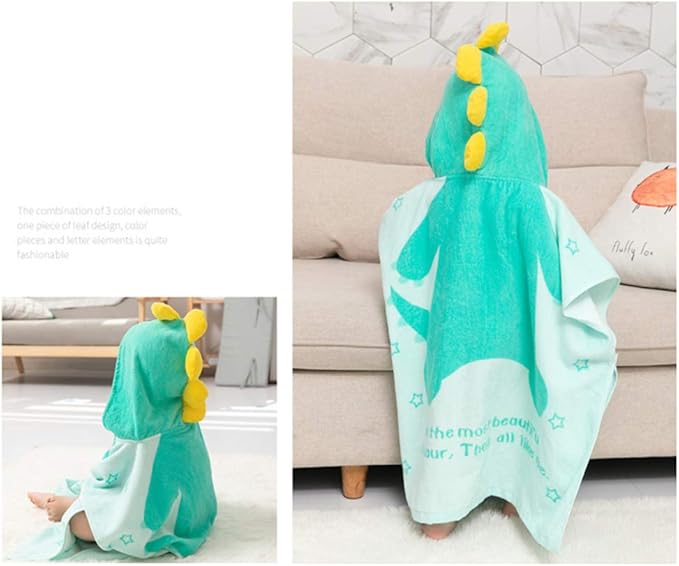 TONWHAR Kids Bath/Pool/Beach Hooded Poncho Towel-Cartoon Animal Pattern Cotton Beach Towel for Baby and Kids (Light Green Dinosaur, 5-9 Years/Height:43.3"-51.2")