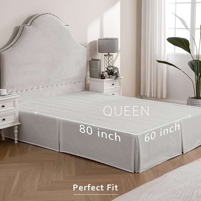 MIYE Pleated Waffle Weave Bed Skirt, Tailored Dust Ruffle 18 Inch Drop Easy Fit, Machine Washable (Light Grey, Queen - 18" Drop)