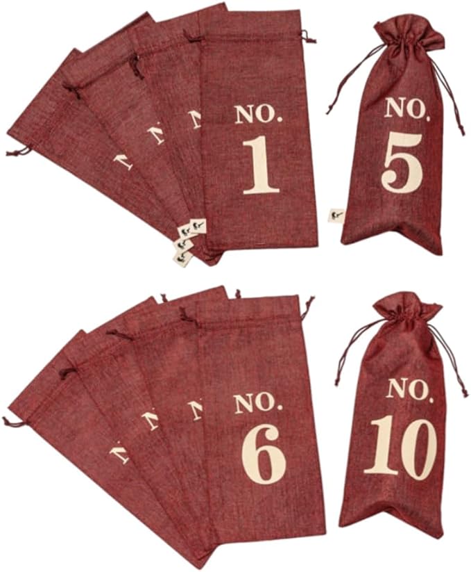 Burgundy Blind Tasting Wine Bags Cover Pouch Kit Tasting Sleeve With Numbering 1to10 Mark Printed On It (10pcs) Hessian Cloth Glass Bottle Gift Bags for Christmas Wedding Party Decoration