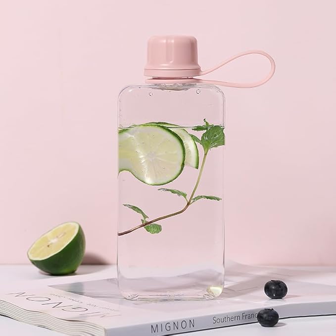 Tritan Transparent Flat Water Bottle samll Water Bottle Slim Square Pocket Bottle Water Flask, BPA Free/Slim Design/Leak Proof Water Bottle for Travel, Outdoor, Sports, Camping (Pink, 400ML)