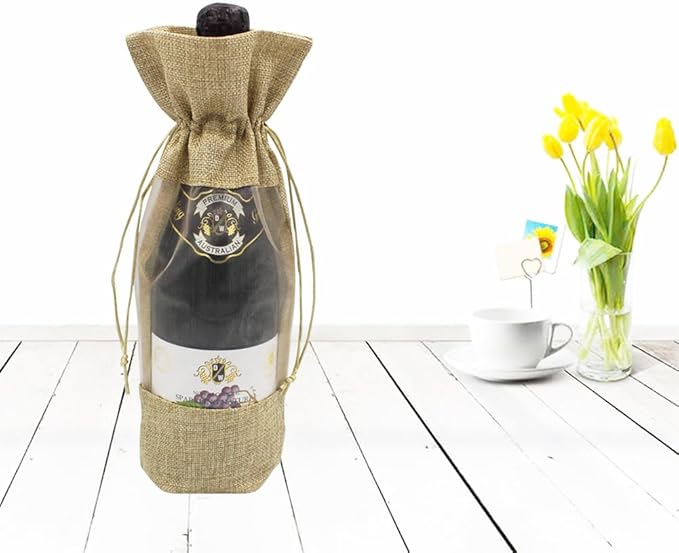 Burlap Drawstring Wine Bags, 12 Pcs Burlap Wine Bags with Sheer Window, Jute Wine Bags with Clear Window for Wedding, Party Favors, Christmas, and Holiday - Natural