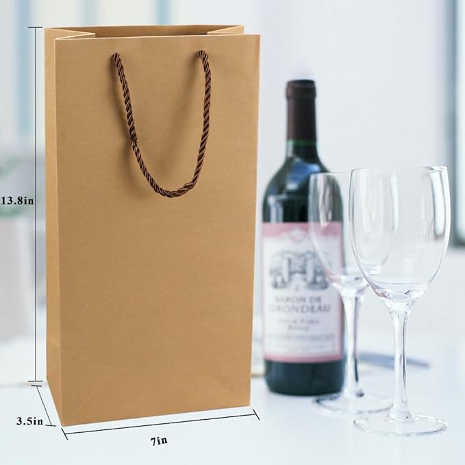Prembag Kraft Paper Wine Bags for Double Wine Bottle,Double Wine Gift Bags, 7"x 3.5"x13.8" Whiskey/Liquor Wine Bottle Bags For Gifts, 2 Bottle Wine Bags with Rope Handles,4 Pcs