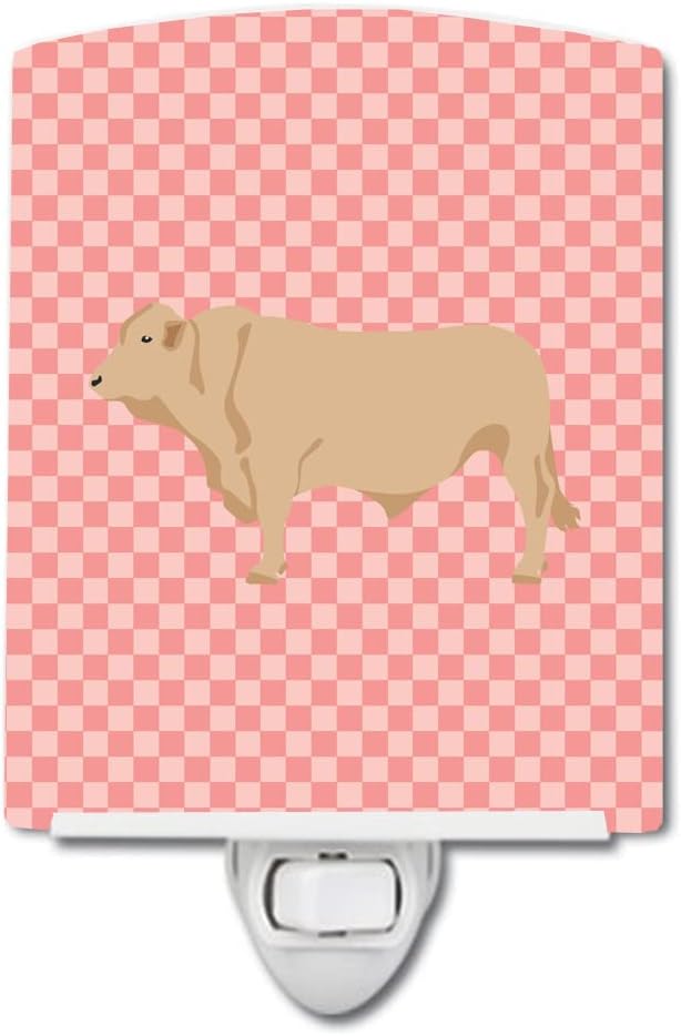 Caroline's Treasures BB7826CNL Charolais Cow Pink Check Ceramic Night Light Compact, UL-Certified, Ideal for Bedroom, Bathroom, Nursery, Hallway, Kitchen, 6x4x3, Multicolor