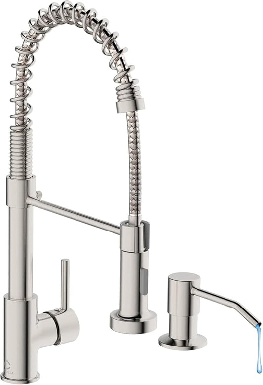 Kitchen Faucet, Kitchen Faucet with Soap Dispenser, Faucet for Camper Farmhouse RV Kitchen Sink, Single Handle Stainless Steel Kitchen Sink Faucets with Pull Down Sprayer, Nickel Brushed