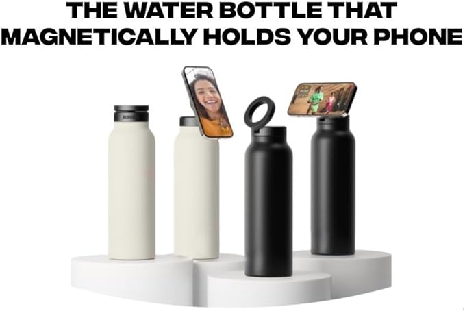 Magnetic Ring Top Insulated Stainless Steel Water Bottle with Phone Holder, 360° Rotation, Portrait/Landscape Modes,(White), TC0023