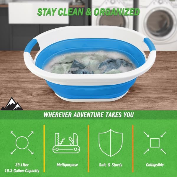 Collapsible Laundry Basket - 39L (10.3-Gallon) Portable Sink - Multipurpose Plastic Bin, Hamper, or Ice Bucket - Camping Essentials by Wakeman Outdoors (Blue)
