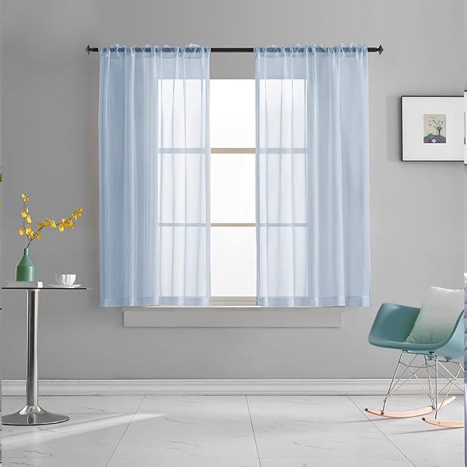 Sky Blue Sheer Curtains 45 Inch Length for Small Windows Rod Pocket Sheer Curtains Light Filtering Blue Drapes for Kitchen/Living room/Bedroom 52 x 45 Inches 2 Panels