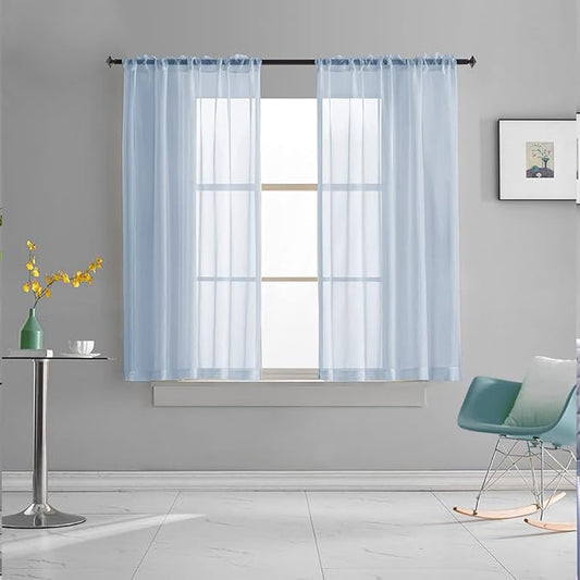 Sky Blue Sheer Curtains 45 Inch Length for Small Windows Rod Pocket Sheer Curtains Light Filtering Blue Drapes for Kitchen/Living room/Bedroom 52 x 45 Inches 2 Panels