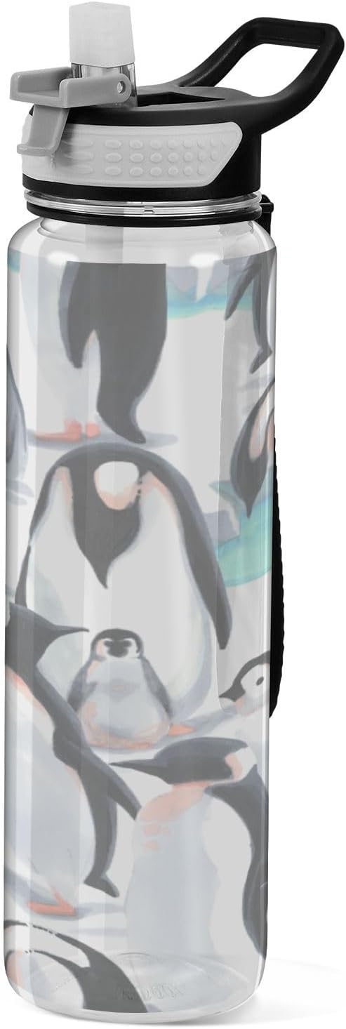 Kigai Cute Penguin Clear Water Bottle with Straw Lid, BPA-Free Leakproof Sport Water Bottle 32oz Large Gym Water Jug for Men Women Travel Fitness Outdoor
