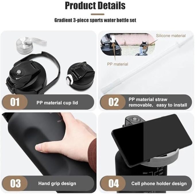 Generic Stay Hydrated in style 3-in-1 Piece Motivational Water Bottle Set with Time Marker, Leak-Proof and BPA-Free Design - Perfect for fitness activities and outdoor adventures!, Black