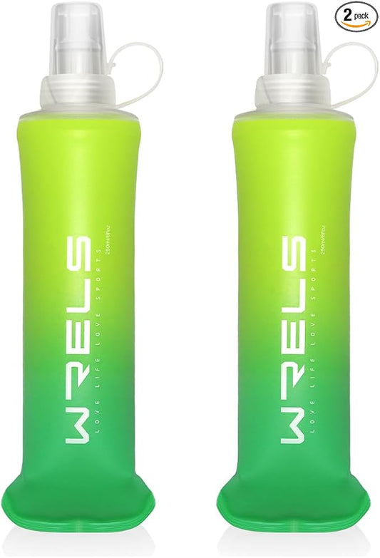 Collapsible TPU Soft Flask,Reusable Handheld Soft Water Bottle for Hydration Pack,BPA Free Gradient Folding Water Flask for Running Cycling Climbing (Mix Green-250ml *2)