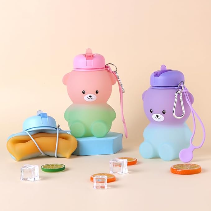 Collapsible Silicone Water Bottle，kawaii water bottle,500ml(16.9 oz),cute water bottles For Girls,School,Sports,Hiking, Backpacking, Camping, Walking, BPA Free(cute bear)